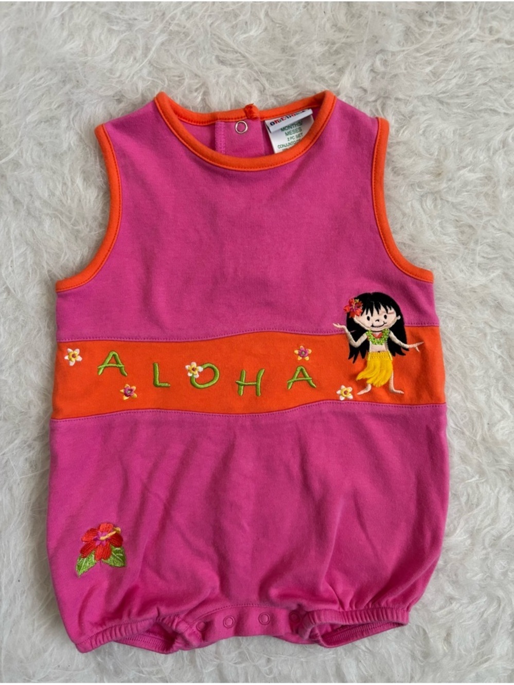 okie dokie Vintage Y2K Pink & Orange Aloha Embroidered Tropical Romper